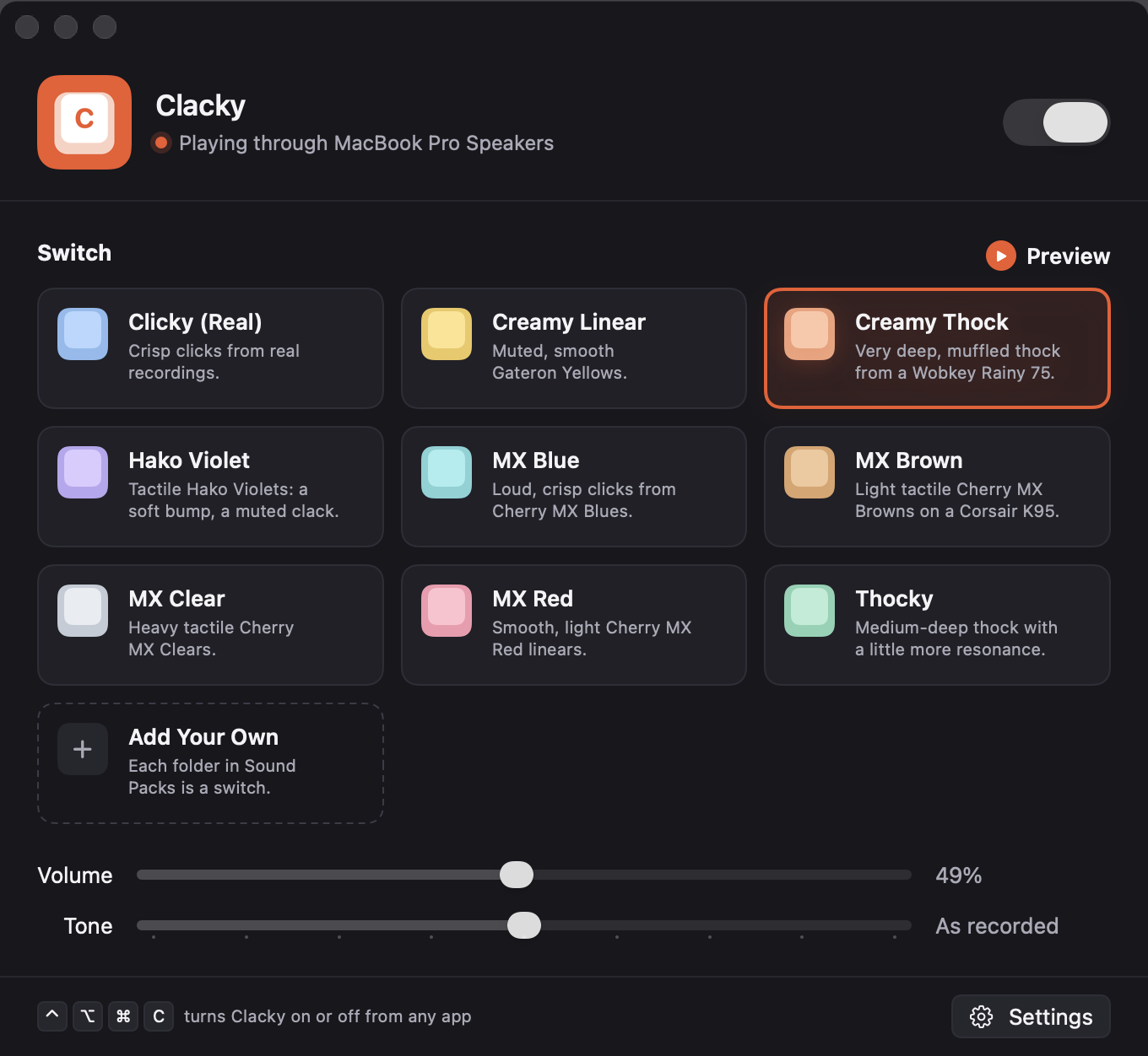 The Clacky window: an on/off switch, nine switch cards, and volume and tone sliders